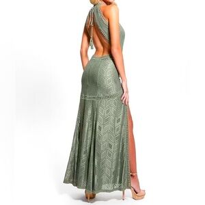 GUESS Small Sage Green Halter Sleeveless Backless Geometric Lace Sexy Maxi Dress
